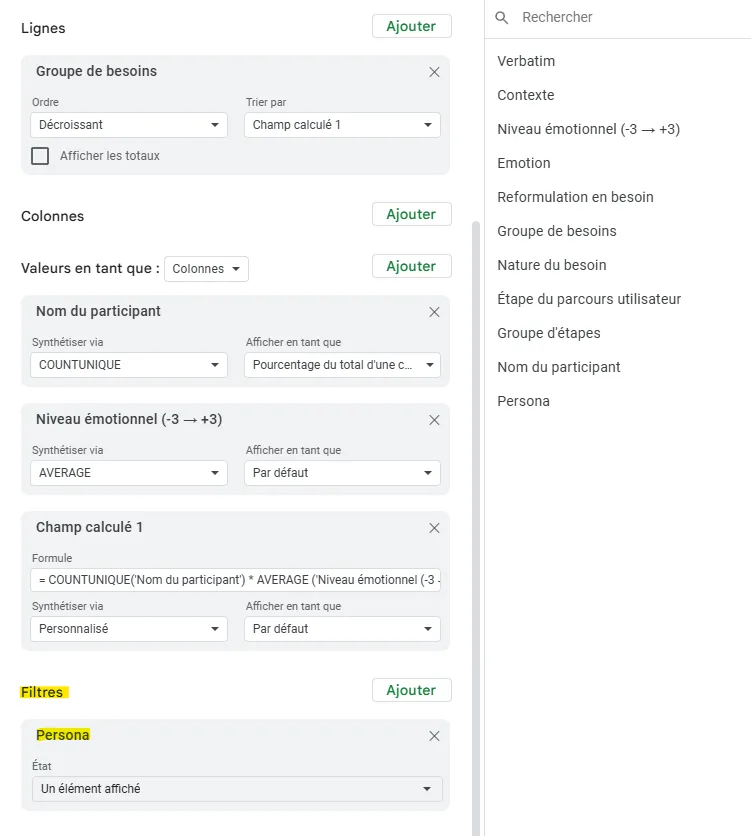 Filtrage des données d'entretien